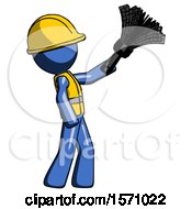 Poster, Art Print Of Blue Construction Worker Contractor Man Dusting With Feather Duster Upwards