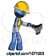 Poster, Art Print Of Blue Construction Worker Contractor Man Dusting With Feather Duster Downwards