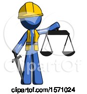 Poster, Art Print Of Blue Construction Worker Contractor Man Justice Concept With Scales And Sword Justicia Derived