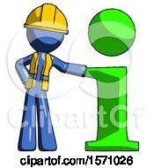 Poster, Art Print Of Blue Construction Worker Contractor Man With Info Symbol Leaning Up Against It