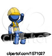 Poster, Art Print Of Blue Construction Worker Contractor Man Riding A Pen Like A Giant Rocket