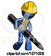 Poster, Art Print Of Blue Construction Worker Contractor Man Writing With A Really Big Pen