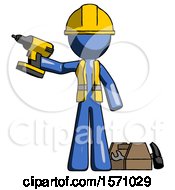 Blue Construction Worker Contractor Man Holding Drill Ready To Work Toolchest And Tools To Right