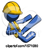 Blue Construction Worker Contractor Man Flying Ninja Kick Right