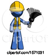 Poster, Art Print Of Blue Construction Worker Contractor Man Holding Feather Duster Facing Forward