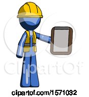 Poster, Art Print Of Blue Construction Worker Contractor Man Showing Clipboard To Viewer