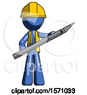 Poster, Art Print Of Blue Construction Worker Contractor Man Holding Large Scalpel