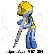 Poster, Art Print Of Blue Construction Worker Contractor Man Cutting With Large Scalpel