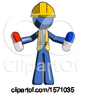 Poster, Art Print Of Blue Construction Worker Contractor Man Holding A Red Pill And Blue Pill