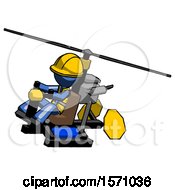 Blue Construction Worker Contractor Man Flying In Gyrocopter Front Side Angle Top View