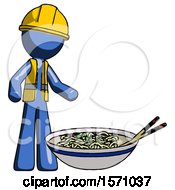 Poster, Art Print Of Blue Construction Worker Contractor Man And Noodle Bowl Giant Soup Restaraunt Concept