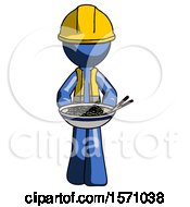 Poster, Art Print Of Blue Construction Worker Contractor Man Serving Or Presenting Noodles