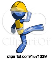 Poster, Art Print Of Blue Construction Worker Contractor Man Kick Pose