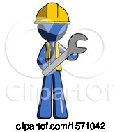 Blue Construction Worker Contractor Man Holding Large Wrench With Both Hands