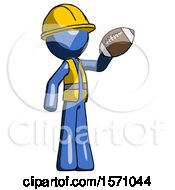 Poster, Art Print Of Blue Construction Worker Contractor Man Holding Football Up