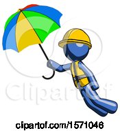 Blue Construction Worker Contractor Man Flying With Rainbow Colored Umbrella