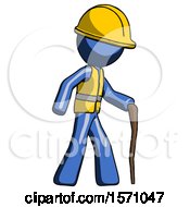 Poster, Art Print Of Blue Construction Worker Contractor Man Walking With Hiking Stick