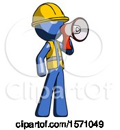 Poster, Art Print Of Blue Construction Worker Contractor Man Shouting Into Megaphone Bullhorn Facing Right