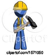 Poster, Art Print Of Blue Construction Worker Contractor Man Holding Hammer Ready To Work