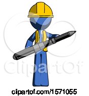 Blue Construction Worker Contractor Man Posing Confidently With Giant Pen