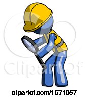 Blue Construction Worker Contractor Man Inspecting With Large Magnifying Glass Left