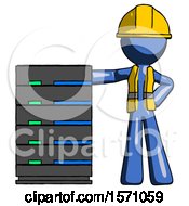 Poster, Art Print Of Blue Construction Worker Contractor Man With Server Rack Leaning Confidently Against It