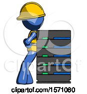 Blue Construction Worker Contractor Man Resting Against Server Rack