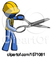 Poster, Art Print Of Blue Construction Worker Contractor Man Holding Giant Scissors Cutting Out Something