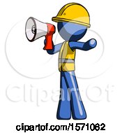 Poster, Art Print Of Blue Construction Worker Contractor Man Shouting Into Megaphone Bullhorn Facing Left