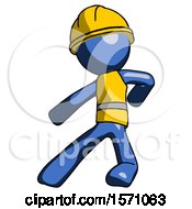 Poster, Art Print Of Blue Construction Worker Contractor Man Karate Defense Pose Left