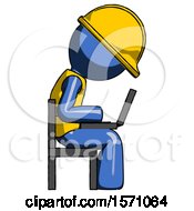 Blue Construction Worker Contractor Man Using Laptop Computer While Sitting In Chair View From Side