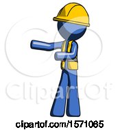 Poster, Art Print Of Blue Construction Worker Contractor Man Presenting Something To His Right