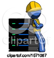 Poster, Art Print Of Blue Construction Worker Contractor Man Resting Against Server Rack Viewed At Angle