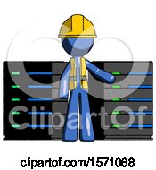Poster, Art Print Of Blue Construction Worker Contractor Man With Server Racks In Front Of Two Networked Systems