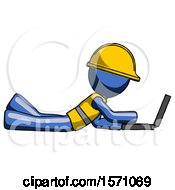 Poster, Art Print Of Blue Construction Worker Contractor Man Using Laptop Computer While Lying On Floor Side View