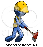 Poster, Art Print Of Blue Construction Worker Contractor Man Striking With A Red Firefighters Ax