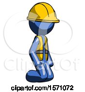 Blue Construction Worker Contractor Man Kneeling Angle View Right