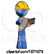 Blue Construction Worker Contractor Man Reading Book While Standing Up Facing Away