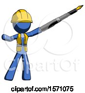 Poster, Art Print Of Blue Construction Worker Contractor Man Pen Is Mightier Than The Sword Calligraphy Pose