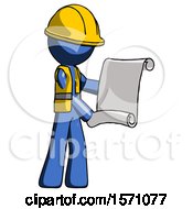 Poster, Art Print Of Blue Construction Worker Contractor Man Holding Blueprints Or Scroll