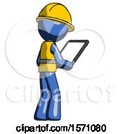 Poster, Art Print Of Blue Construction Worker Contractor Man Looking At Tablet Device Computer Facing Away