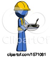 Poster, Art Print Of Blue Construction Worker Contractor Man Holding Noodles Offering To Viewer