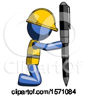 Poster, Art Print Of Blue Construction Worker Contractor Man Posing With Giant Pen In Powerful Yet Awkward Manner