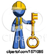 Blue Construction Worker Contractor Man Holding Key Made Of Gold