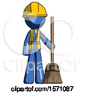 Blue Construction Worker Contractor Man Standing With Broom Cleaning Services