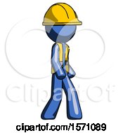 Poster, Art Print Of Blue Construction Worker Contractor Man Walking Turned Right Front View