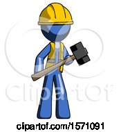 Poster, Art Print Of Blue Construction Worker Contractor Man With Sledgehammer Standing Ready To Work Or Defend