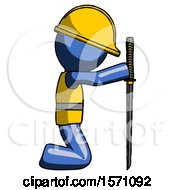Poster, Art Print Of Blue Construction Worker Contractor Man Kneeling With Ninja Sword Katana Showing Respect