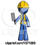 Poster, Art Print Of Blue Construction Worker Contractor Man Holding Meat Cleaver