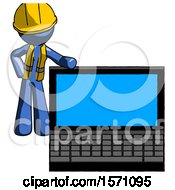 Blue Construction Worker Contractor Man Beside Large Laptop Computer Leaning Against It